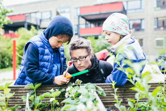 Kinder und ein Erzieher pflanzen Pflanzen in einem Beet
